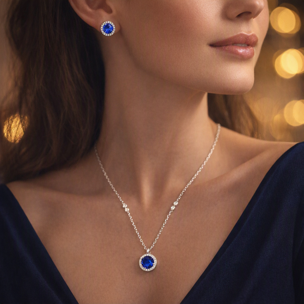 Celestia Halo Pendant Set – Tanzanite Blue