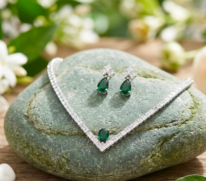 Verdant Crystal Drop Tennis Necklace Set