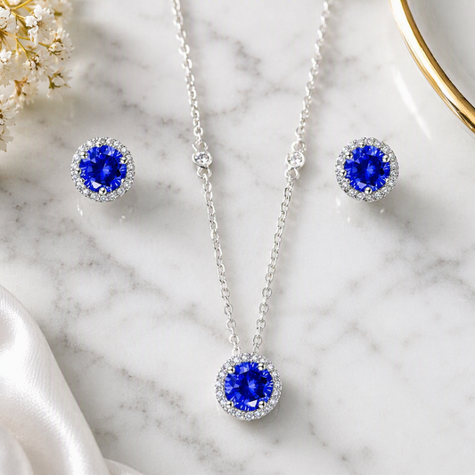 Celestia Halo Pendant Set – Tanzanite Blue