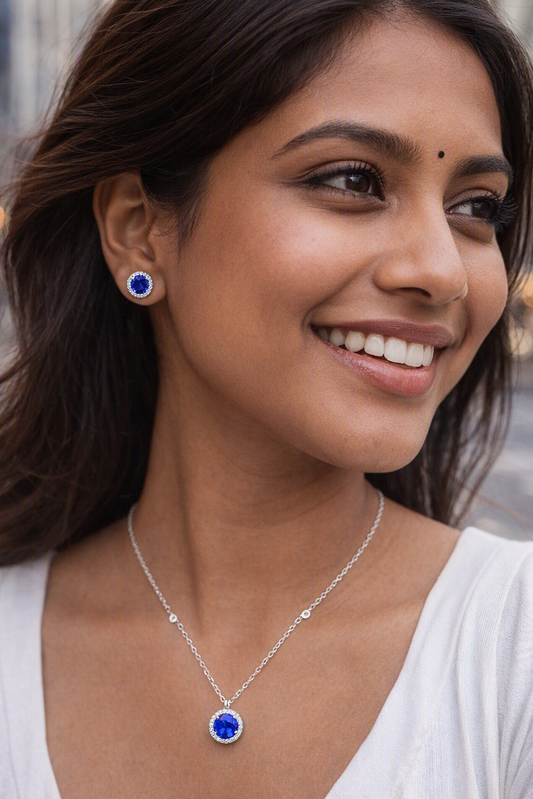 Celestia Halo Pendant Set – Tanzanite Blue
