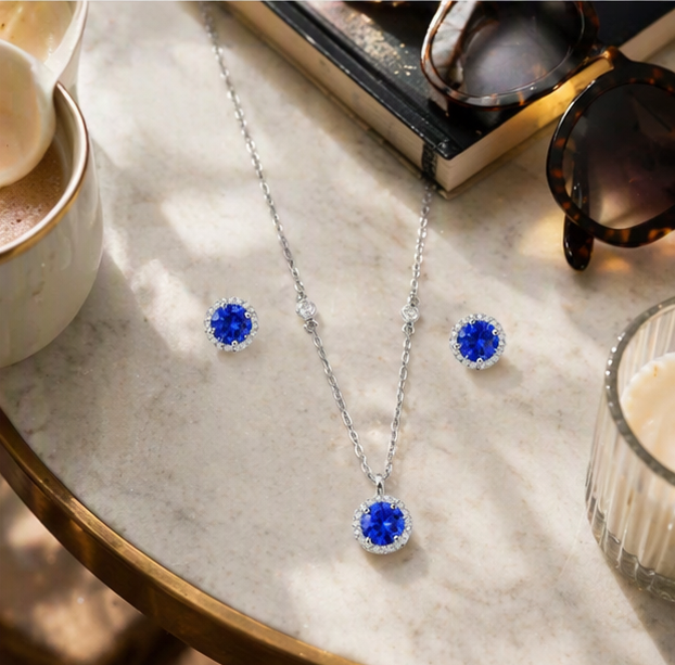 Celestia Halo Pendant Set – Tanzanite Blue