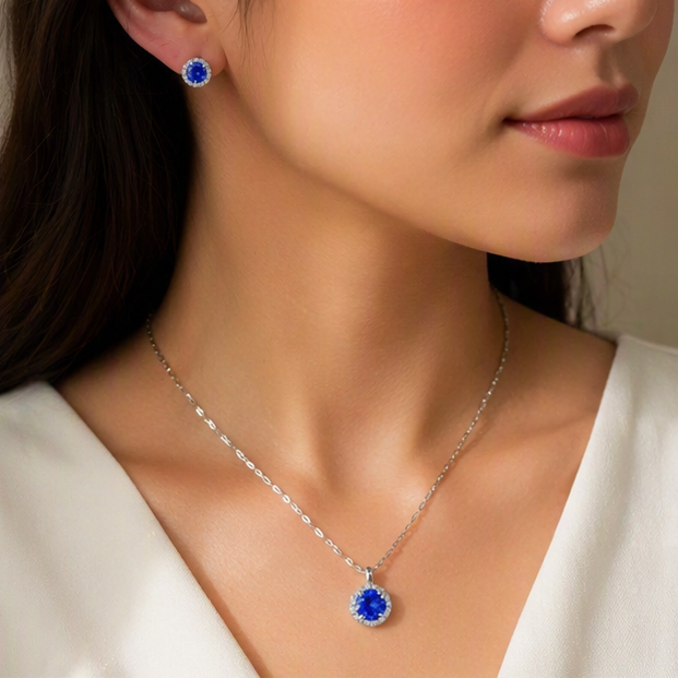 Celestia Halo Pendant Set – Tanzanite Blue