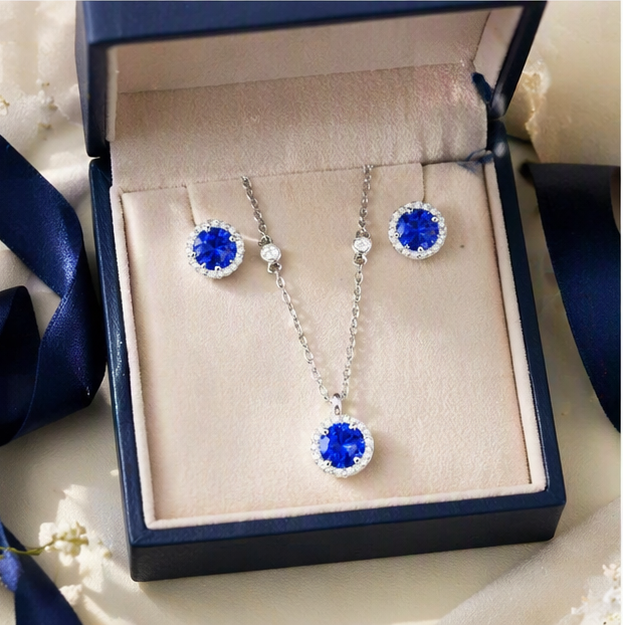 Celestia Halo Pendant Set – Tanzanite Blue